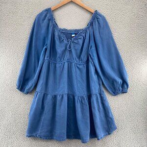 Old Navy Top Womens Large Blue Chambray Long Balloon Sleeves Tie Neck Peasant